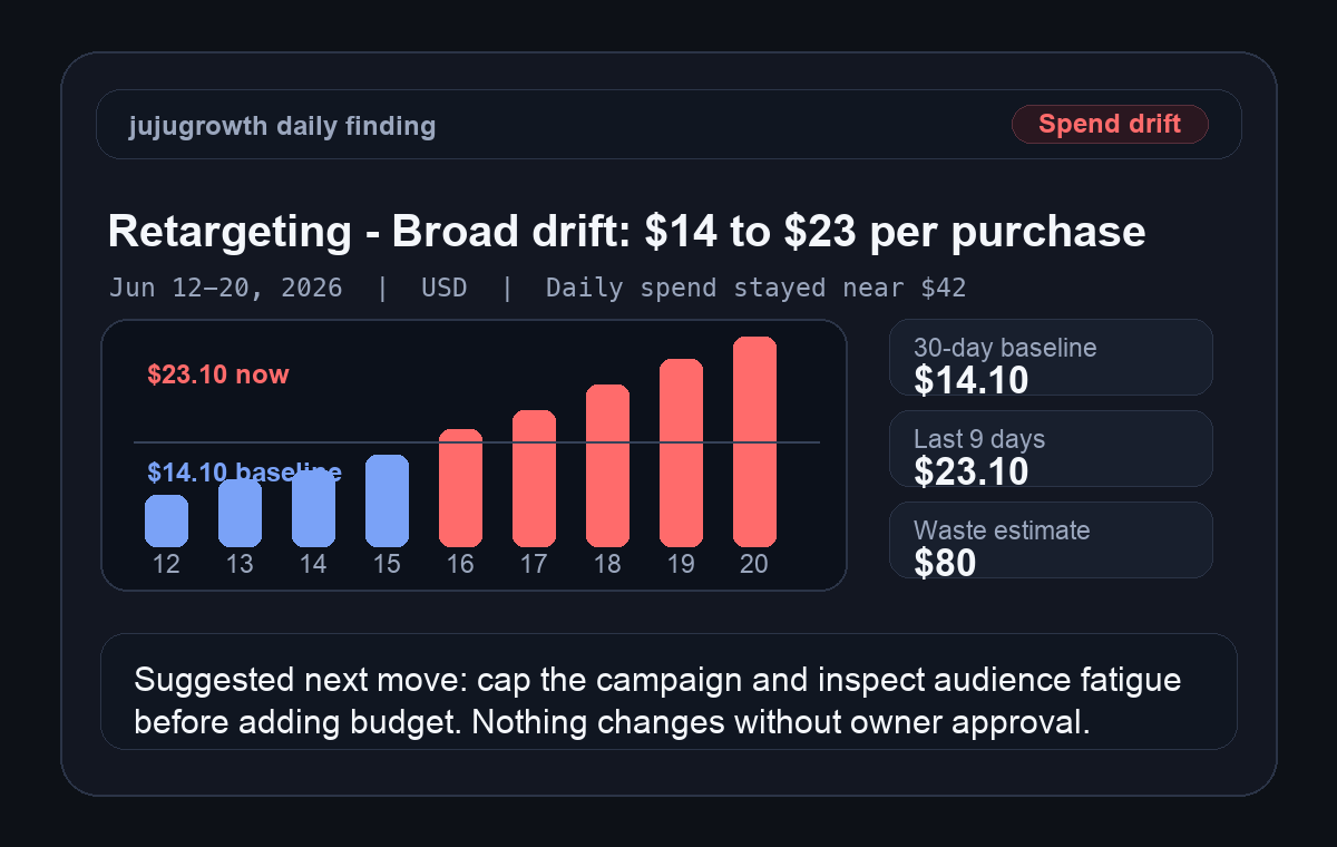 Sample jujugrowth daily finding for Retargeting - Broad, Jun 12-20 2026, USD. It shows spend drift from a $14.10 baseline to $23.10 over the last 9 days, with an $80 waste estimate and an owner-approved next move.